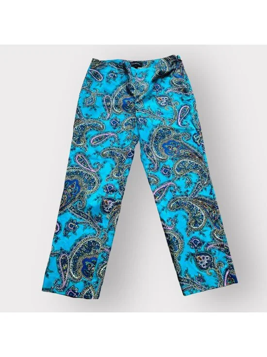 Talbots Size 4 Turquoise Blue Paisley Print Flat Front Slim Cropped Capri Pants - Picture 1 of 10